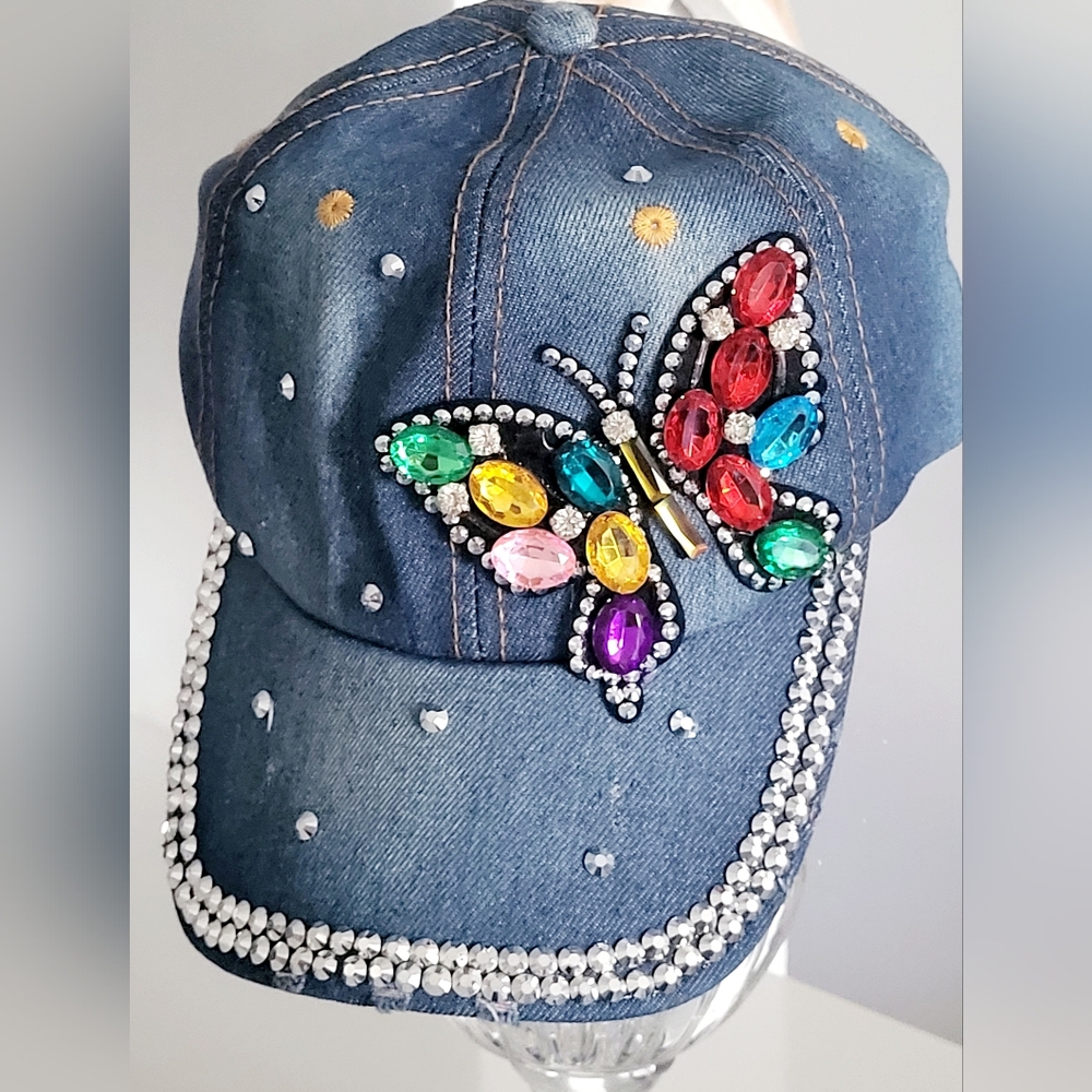 Denim Butterfly Rhinestone Baseball Hat, Adjustable - Picture 2 of 14